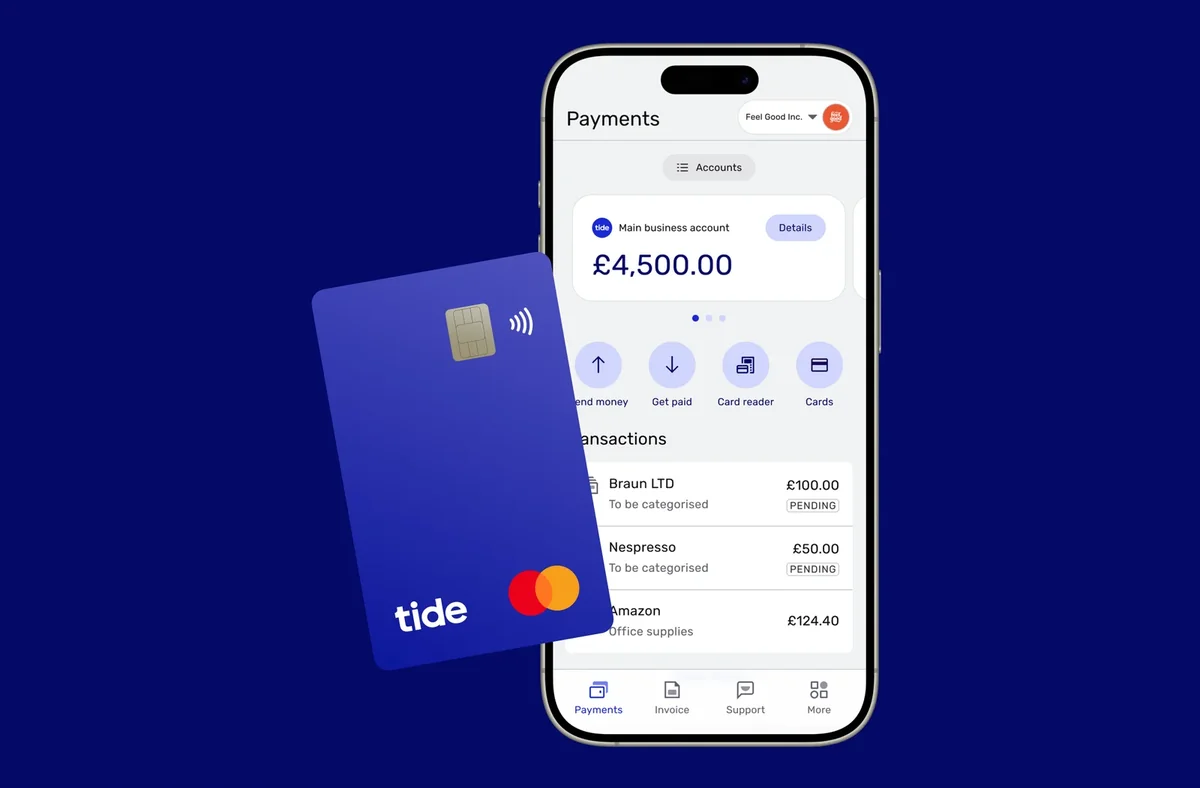 Tide business account app on iPhone showing payments, invoicing and card management