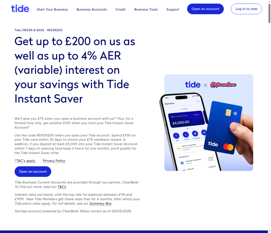 Screenshot of Tide’s official REFER200 page showing up to £200, including £75 card spend and £125 Tide Instant Saver reward